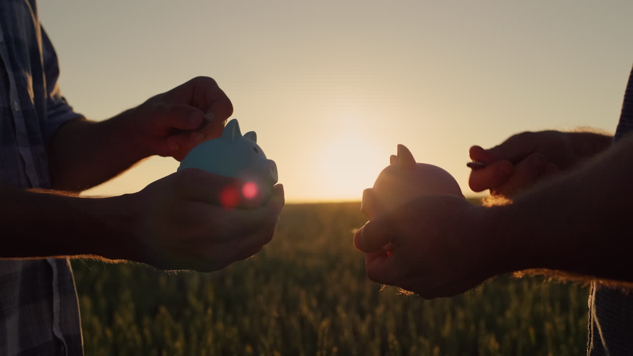 A couple of farmers put money in a piggy bank, stand against the backdrop of a wheat field at sunset. Investments and savings in agriculture