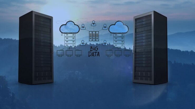 Animation of icons and servers over landscape