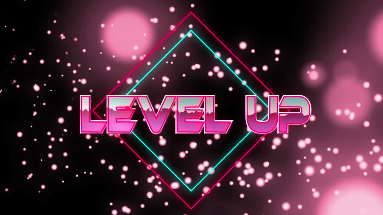 네온 선과 반 ⁇ 이는 빛 반점 위에 레벨 업 텍스트의 애니메이션