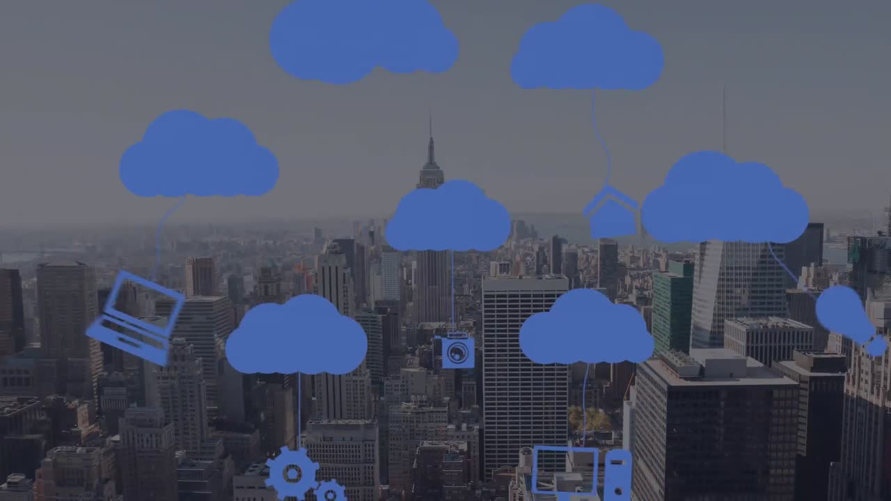 animación de nubes digitales con iconos sobre el paisaje