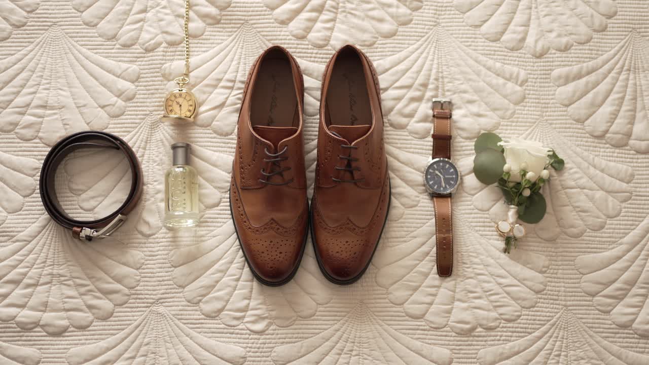 Flat lay of groom wedding items with shoes watch belt and boutonniere