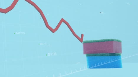 animación del procesamiento de datos financieros sobre esponjas de cocina sobre fondo azul.