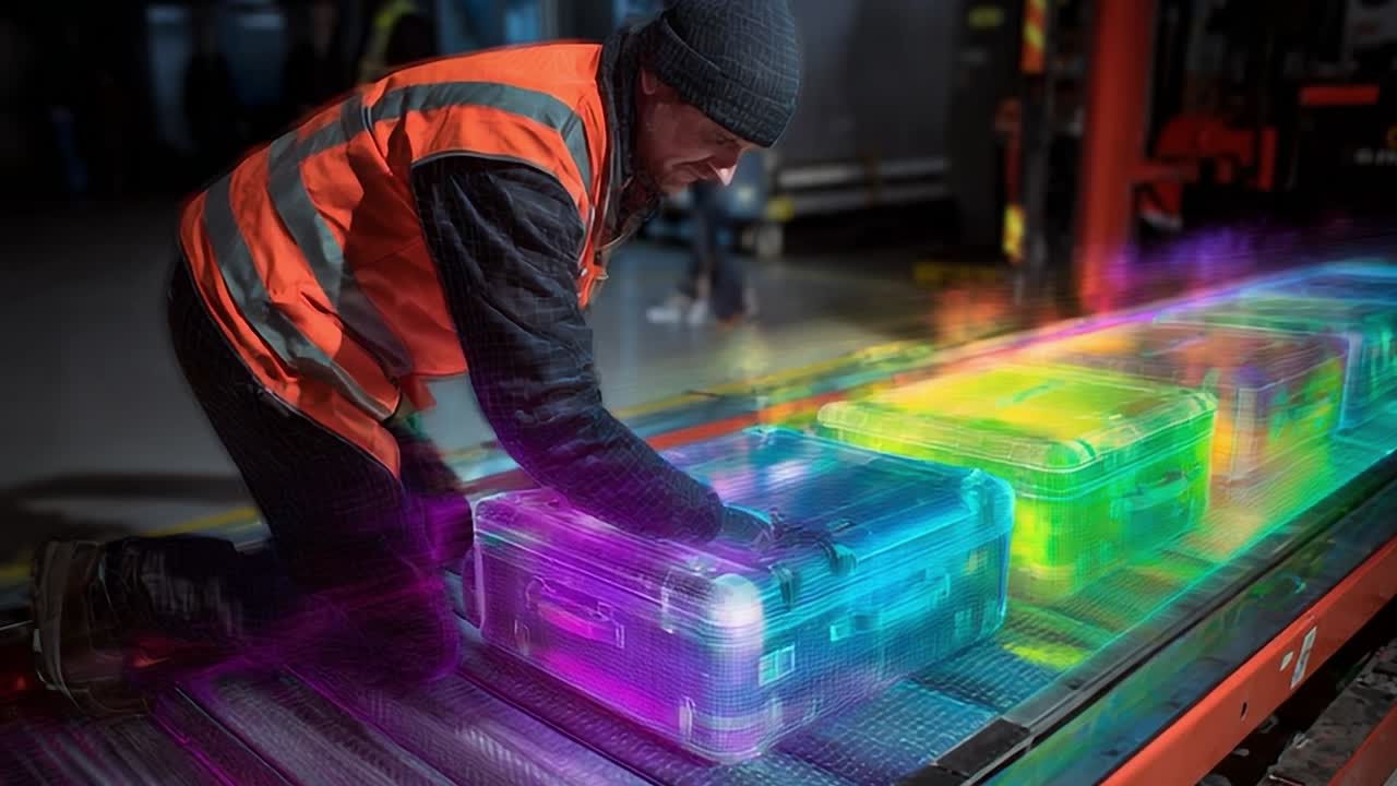 Funcionário manuseando bagagem neon em esteira rolante em instalação moderna