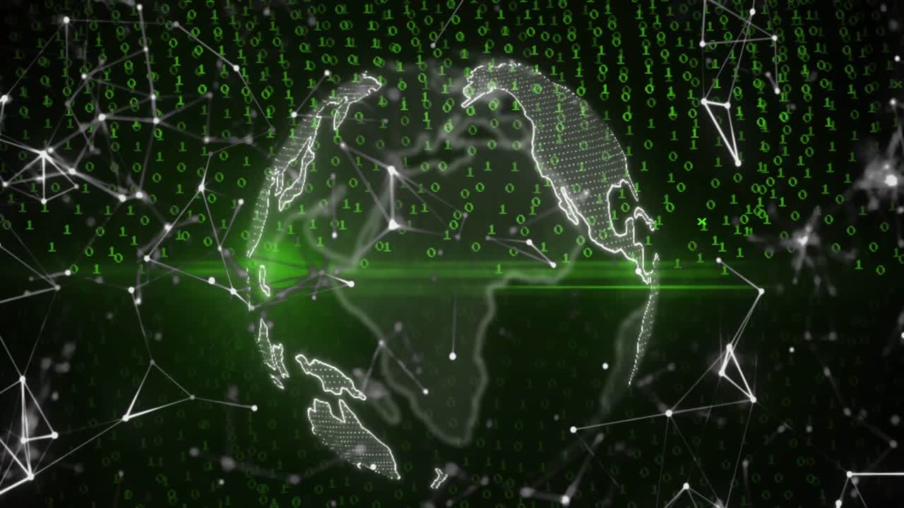 animación del procesamiento de datos y globo sobre fondo negro