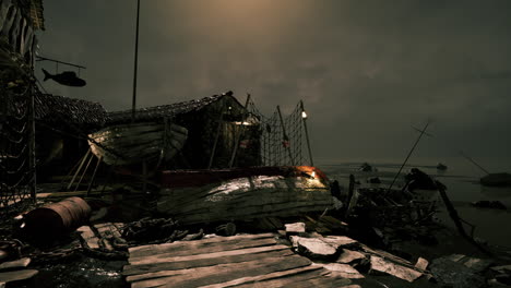 dark coastal settlement at dusk with fishing boats and stormy sky