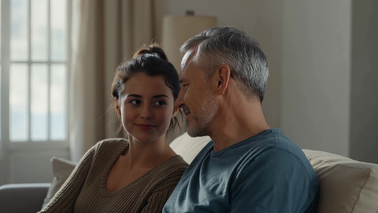 Uomo di mezza età che gira la testa, una donna gli mostra affetto sul divano del soggiorno, entrambi indossano maglioni blu e marroni.