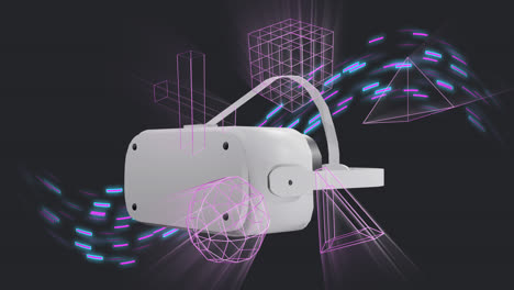 animation of vr headset over 3d shapes and light trails