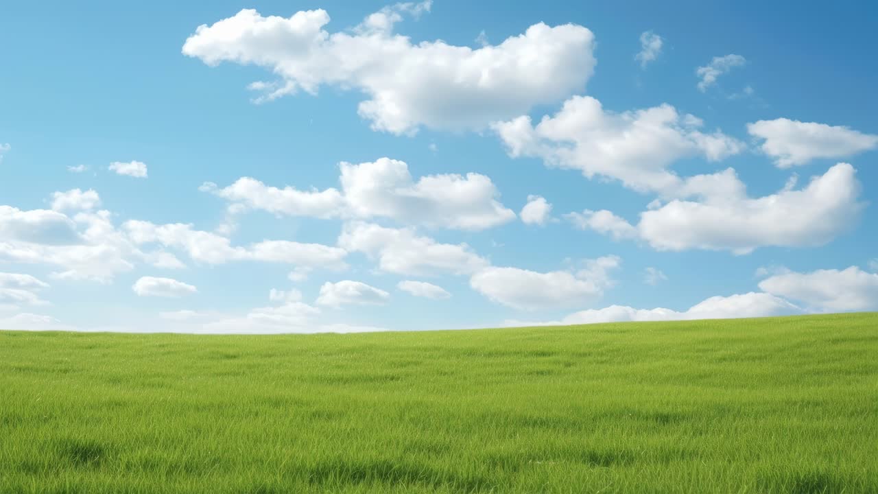 Wide-angle video of a lush green field under a bright blue sky with ...