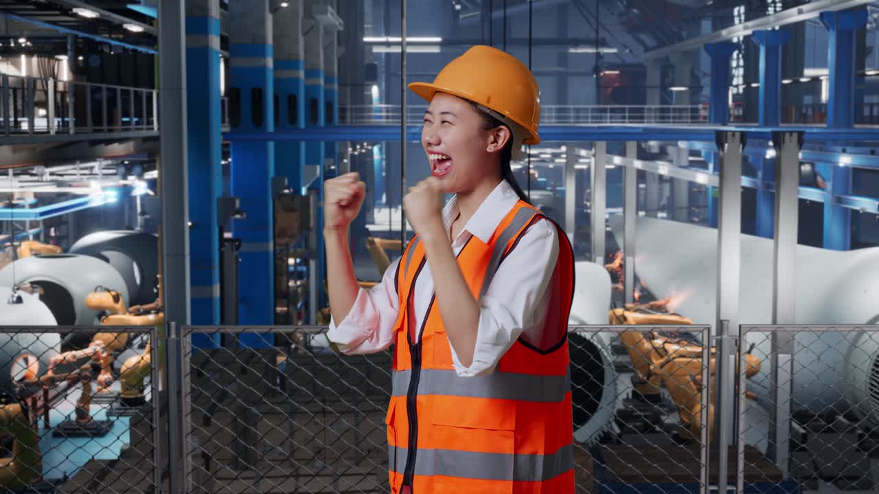 안전 헬을 착용한 아시아 여성 엔지니어의 측면 뷰. 풍력 터빈 제조 공장에서 일하는 것을 축하하는 목표를 서서 비명을 지르고 있습니다.