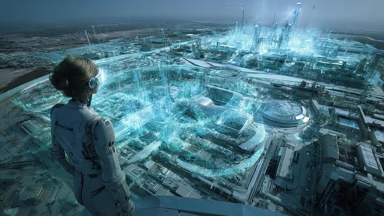 Futuristic skyline with a woman observing a high-tech city