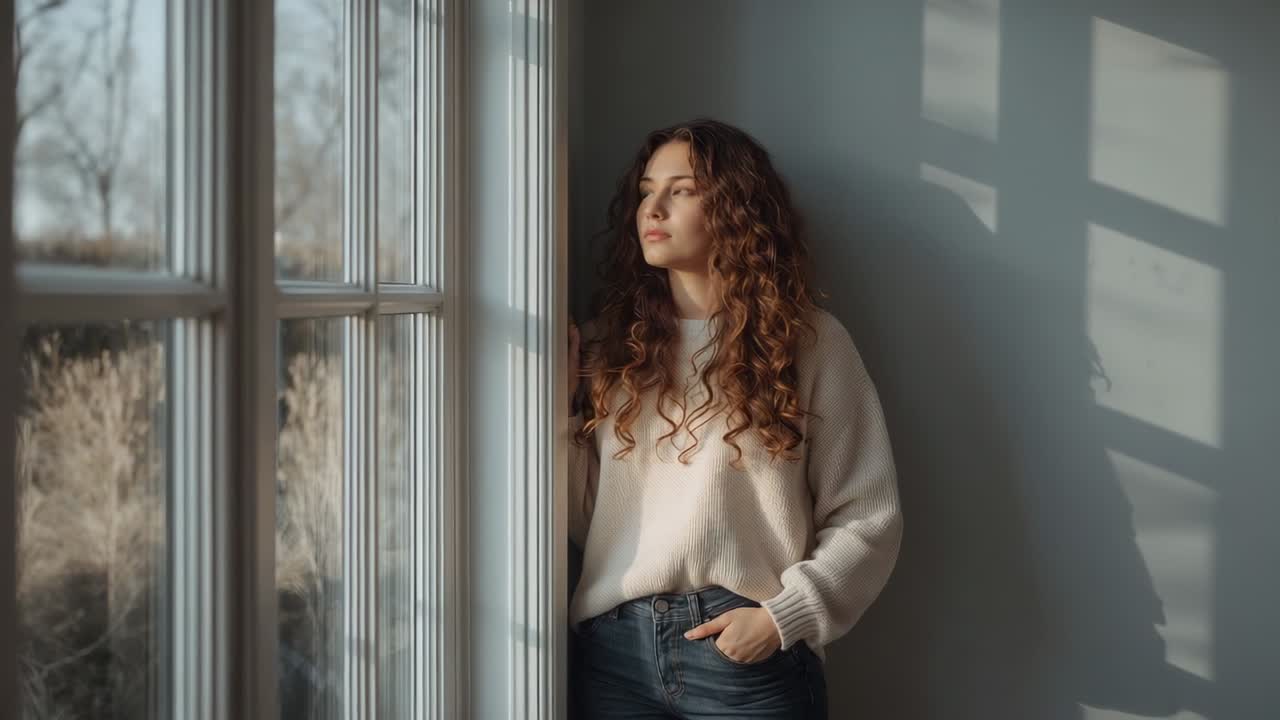 En kvinde læner sig og flytter blikket mod venstre ved et stort vindue, mens sollyset fanger hendes blik, iført sweater og jeans.