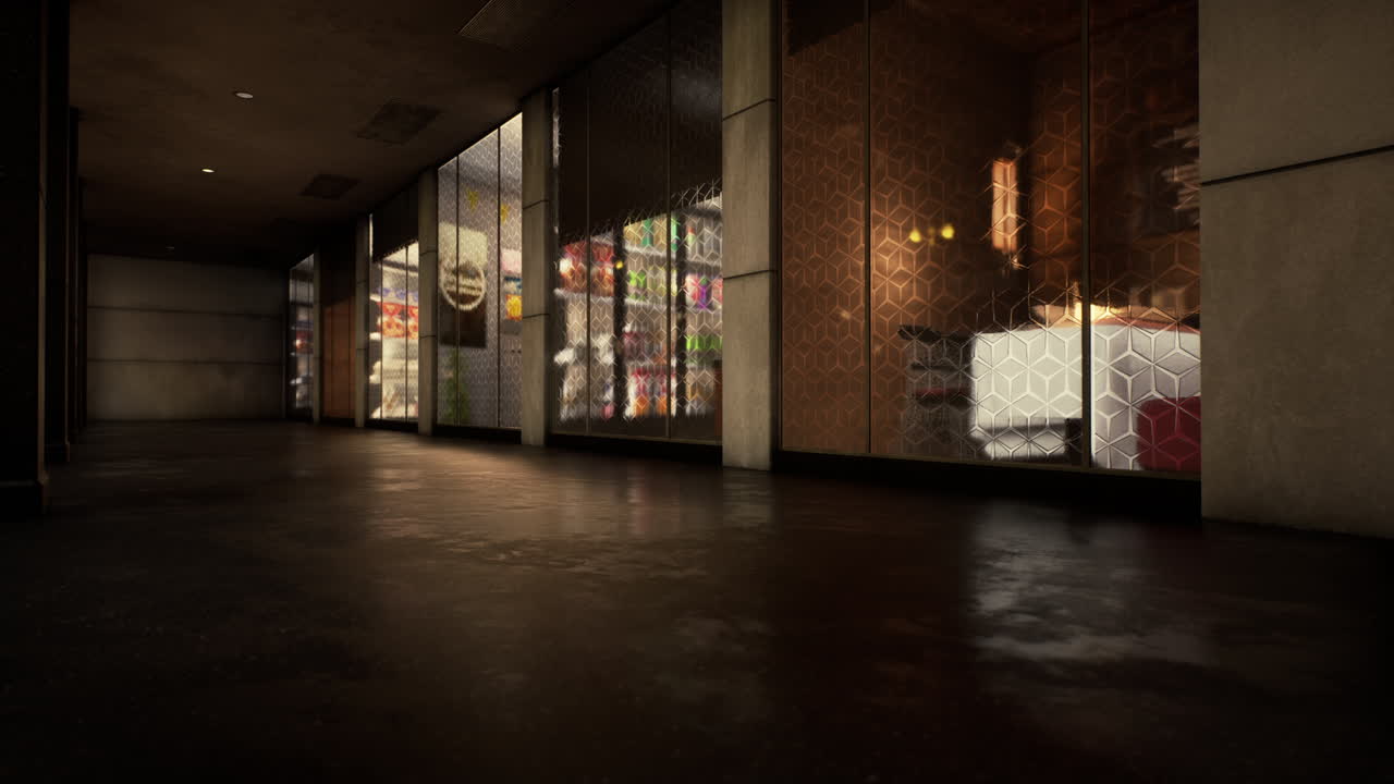 유리 창문과 문으로 밤에 상점 앞