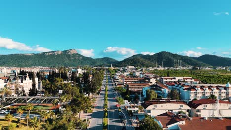 Drone-View-of-Kemer-City-of-Antalya,-Resort-Town-on-Mediterranean-Coast-of-Turkey