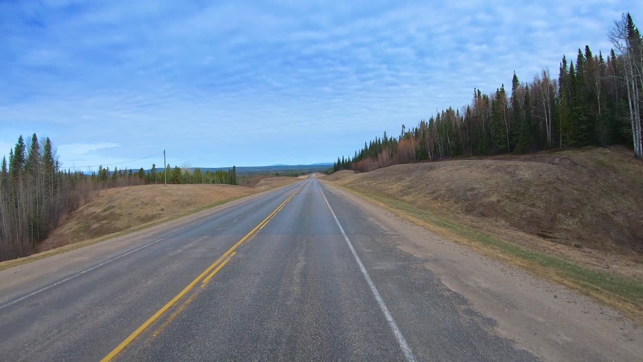 POV through the rear window of the Alaska Highway in the Liard Hot Spring Provincial Park in the Canadian Rockies while in northern British Columbia, Canada on a bright sunny day