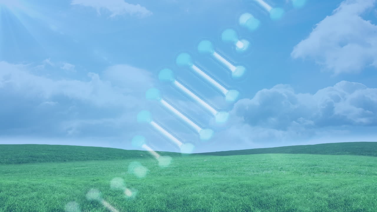 dna 구조가 잔디와 파란 하늘과 함께 풍경에 대해 회전합니다.
