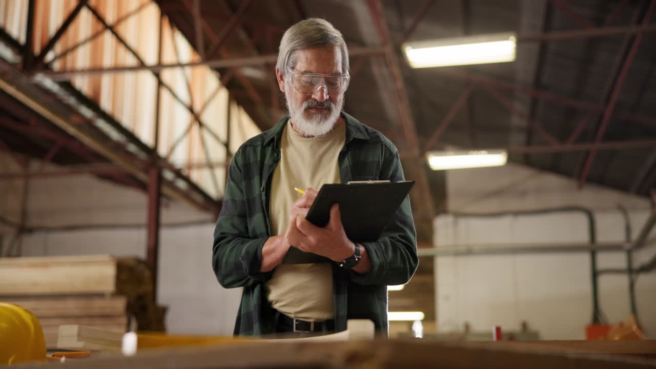 A woodworker takes notes in a warehouse