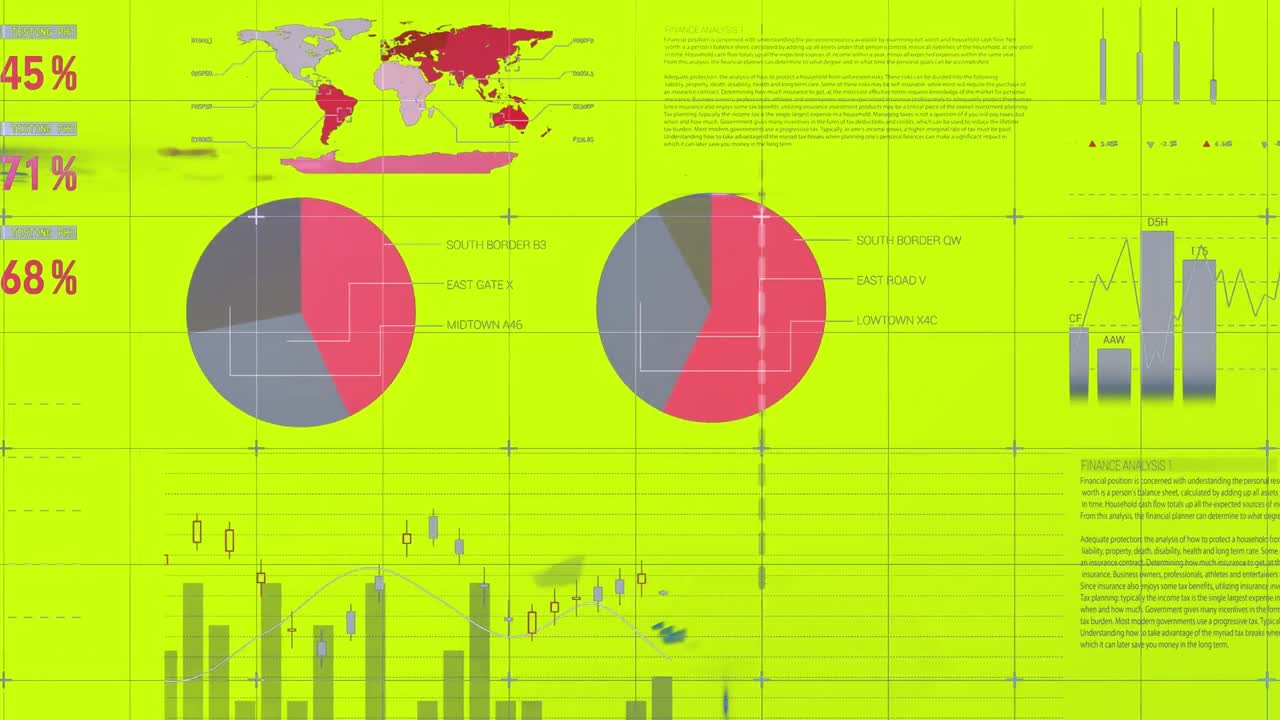 animación de flechas que caen hacia abajo, cambiando los datos financieros y los gráficos sobre fondo verde