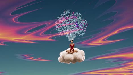 woman meditating on a cloud with abstract thoughts