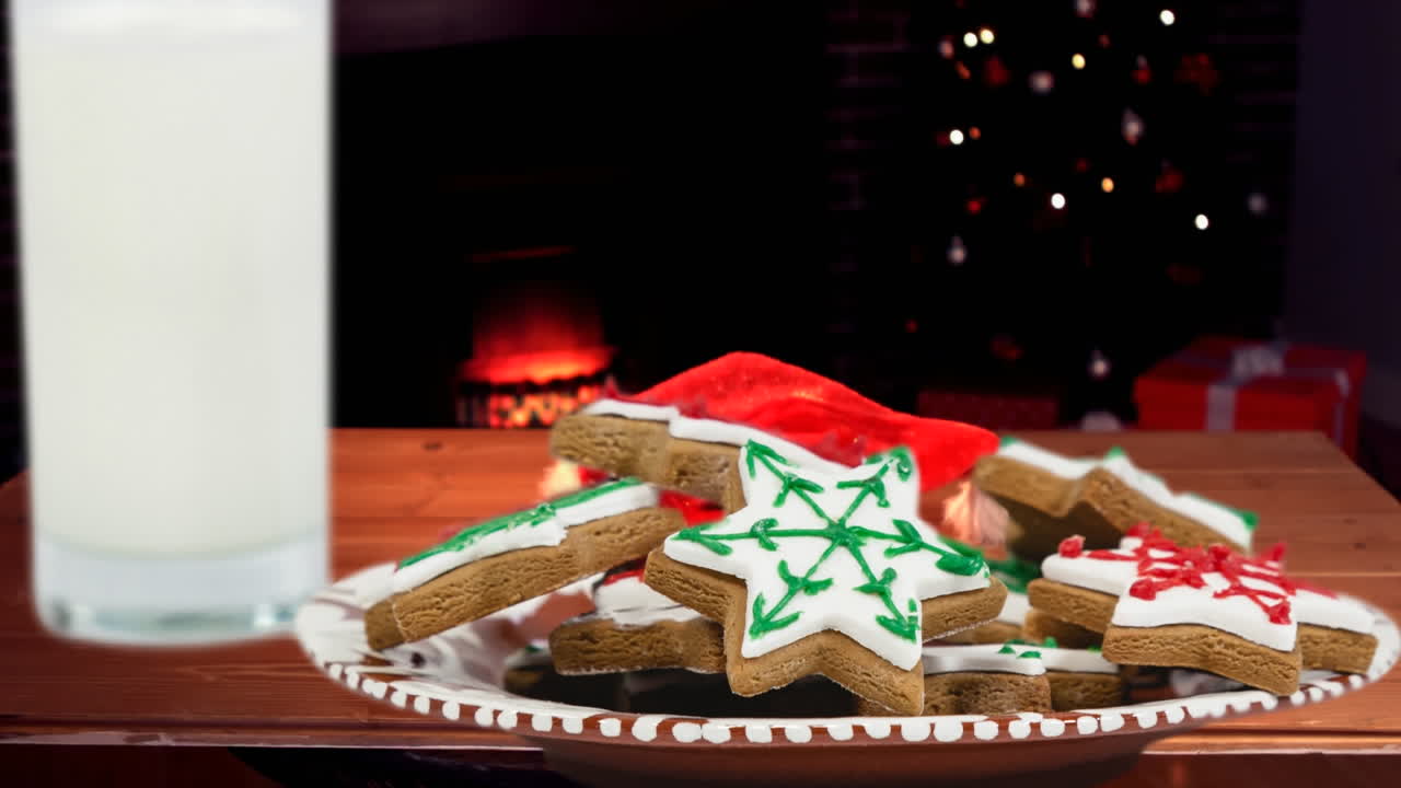 산타 모자, 쿠키 및 우유의 애니메이션