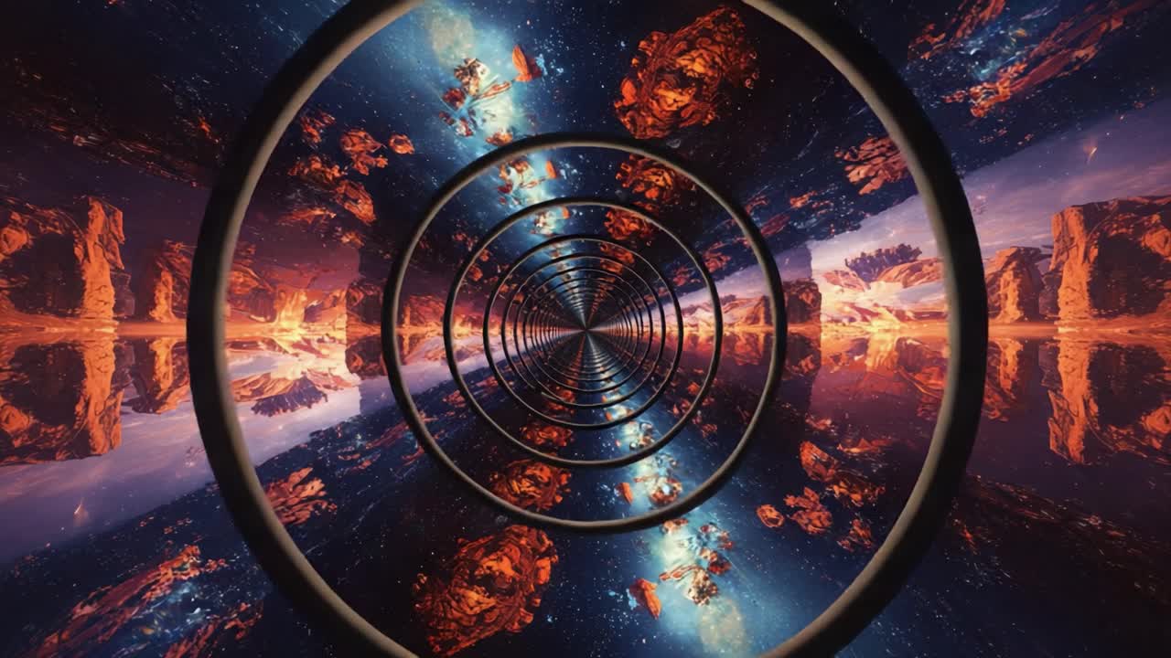 A Stunning Visualization of Cosmic Realities: Exploring Hypnotic Patterns in a Space-Themed Tunnel with Dynamic Swirls and Vibrant Celestial Colors