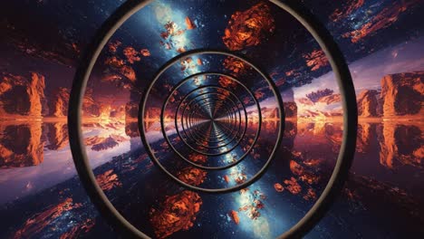 a stunning visualization of cosmic realities: exploring hypnotic patterns in a space-themed tunnel with dynamic swirls and vibrant celestial colors