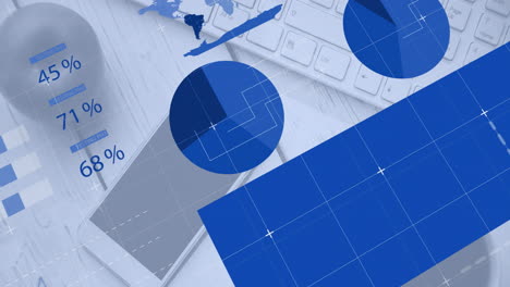 animation of data processing and diagrams over office table with equipment