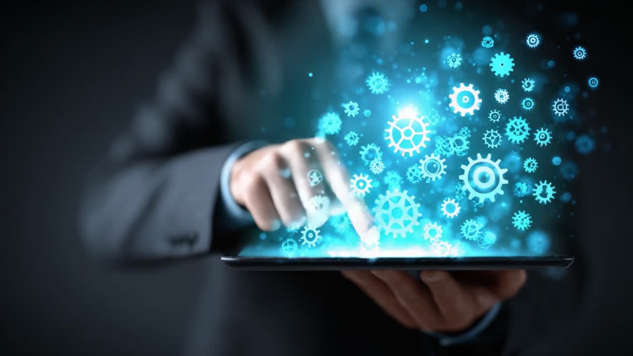 A Business Professional Interacting with Digital Gears on a Tablet, Symbolizing Innovation, Technology, and Efficiency in a Modern Work Environment