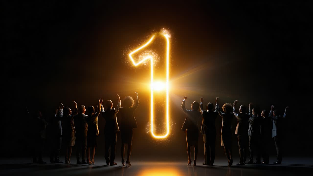 A Spectacular Celebration of Achievement: A Group of Professionals Enthusiastically Celebrating a Significant Milestone, Marked by a Shimmering Golden Number One in a Darkened Setting