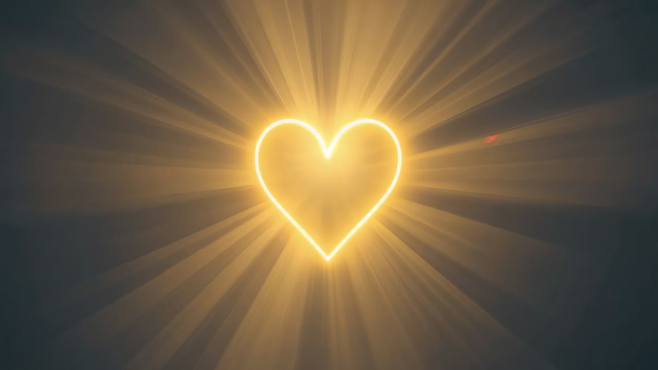Emerging glowing heart brightening outline, sending golden rays across dark gradient, creating halo