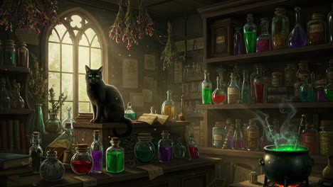 a mysterious black cat stands vigilantly amidst colorful potions and ancient tomes in an enigmatic potion shop filled with magic and wonder