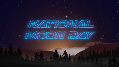 Día-Nacional-De-La-Luna-Con-Estrellas-En-Movimiento-En-El-Cielo-Y-Bosque-Con-Montañas