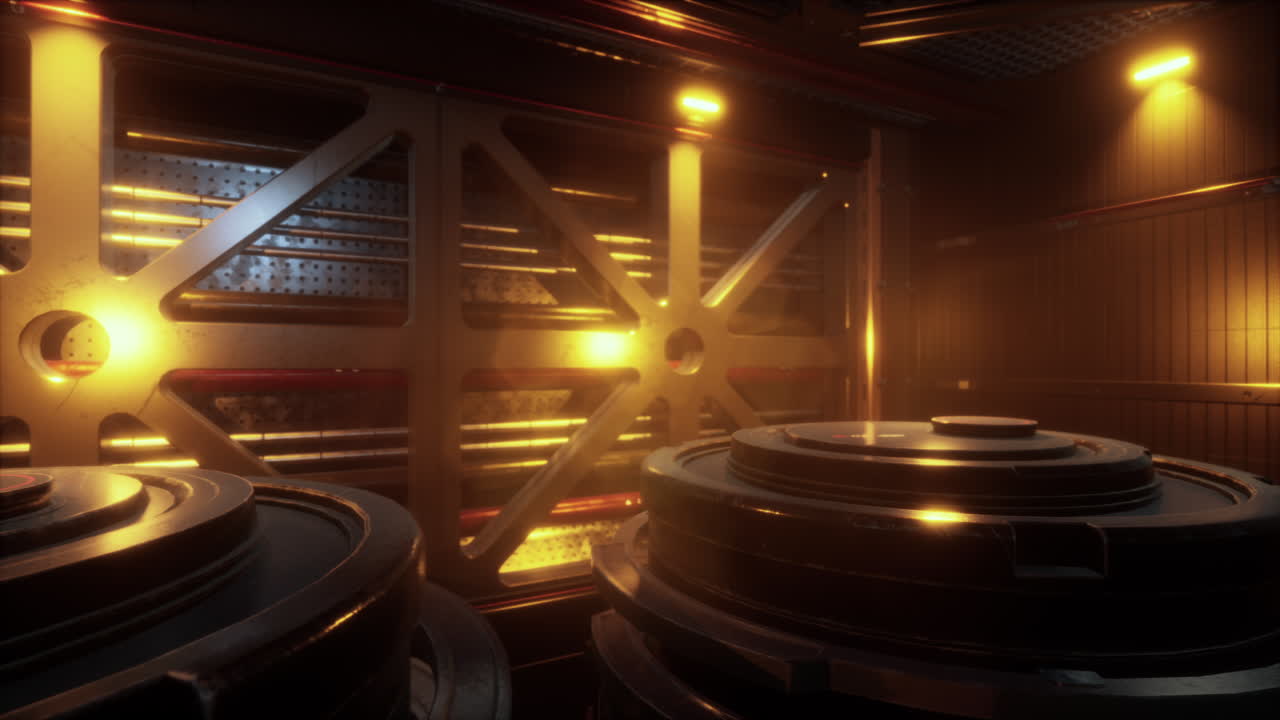 금속 패널과 오렌지색 조명과 함께 공상과학 우주선 내부