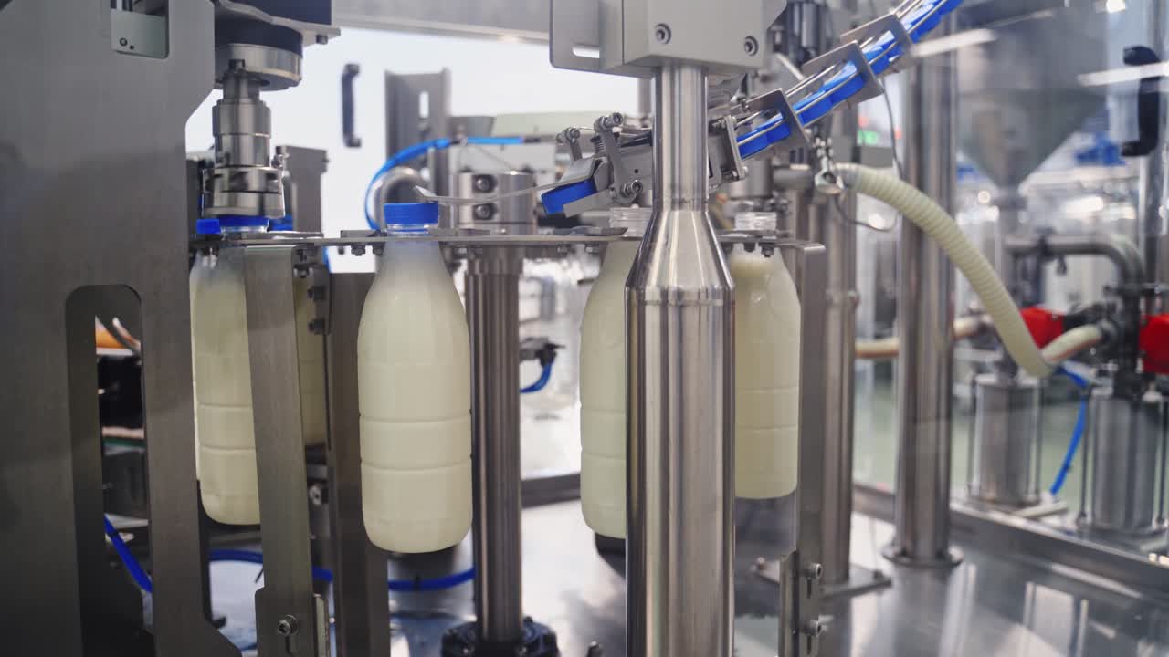 Robotic dairy plant indoors. Automatic equipment for covering plastic bottles with milk in a modern factory. Process of putting plastic lids on bottles.
