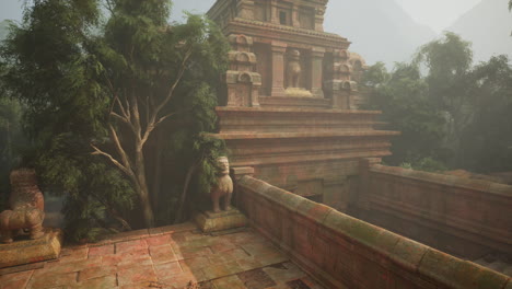 mysterious ancient temple ruins in a foggy jungle