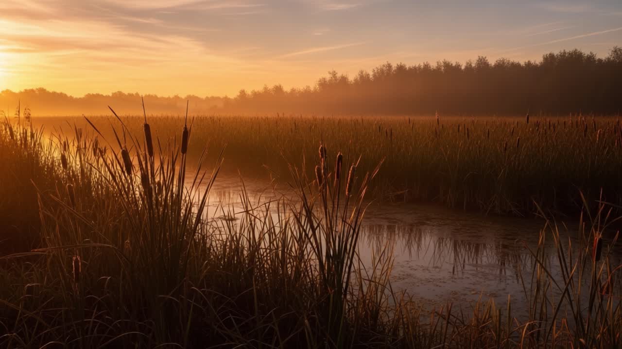 Serene Sunrise Over Tranquil Wetland: Capturing the Beauty of Nature as the Morning Sun Illuminates the Misty Landscape and Reflections in the Calm Waters