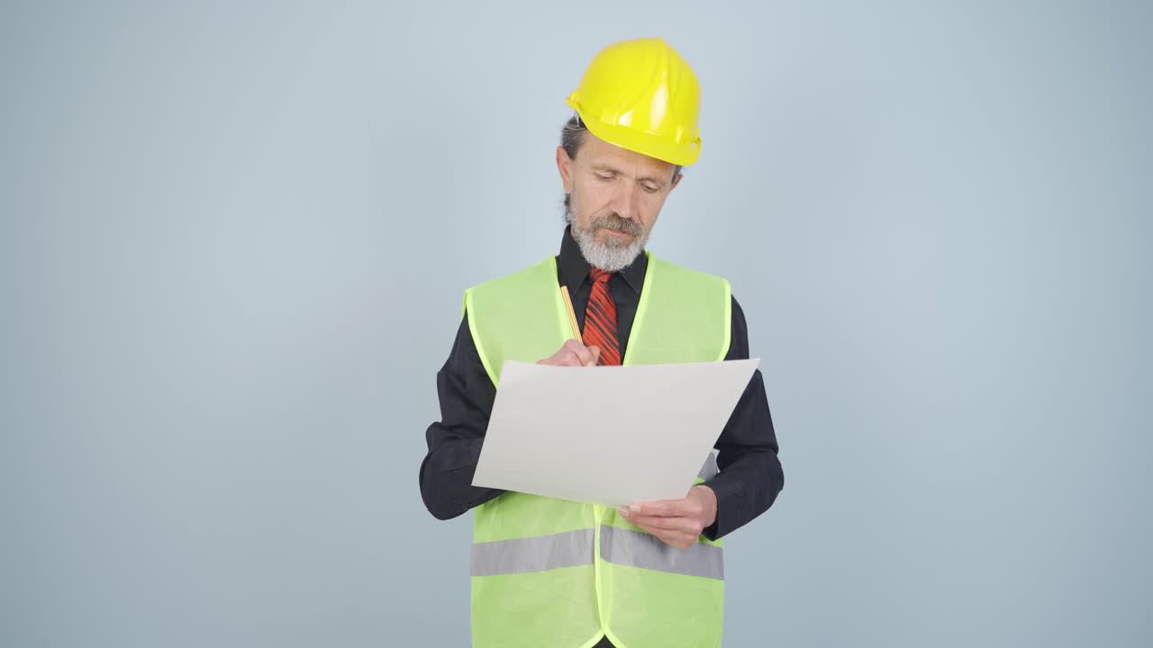 el ingeniero examina el proyecto en sus manos.