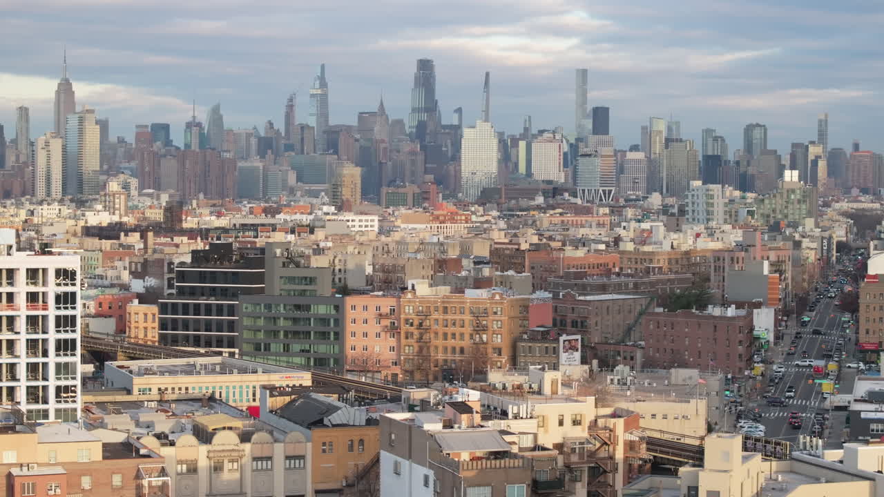 Aerial view of the New York City skyline on a winter morning. Shot in Brooklyn