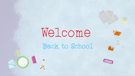 animation of welcome back to school text with school items icons on blue background