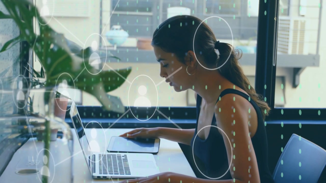 Woman tapping phone then using tablet and typing on laptop, network overlays growing for business