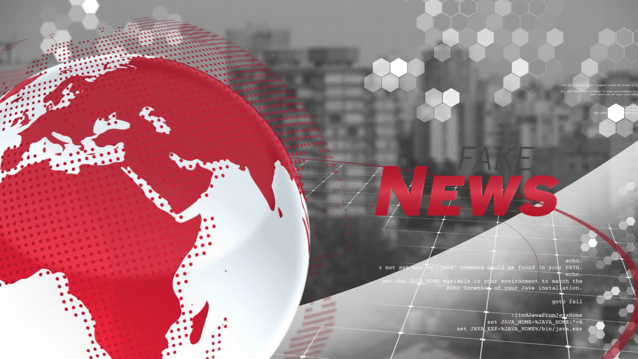 Globo vermelho e animação de texto FAKE NEWS sobre fundo de paisagem urbana com padrões hexagonais