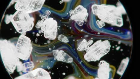 mesmerizing microcosm: a close-up journey through vibrant crystal structures floating in an ethereal colorful liquid landscape