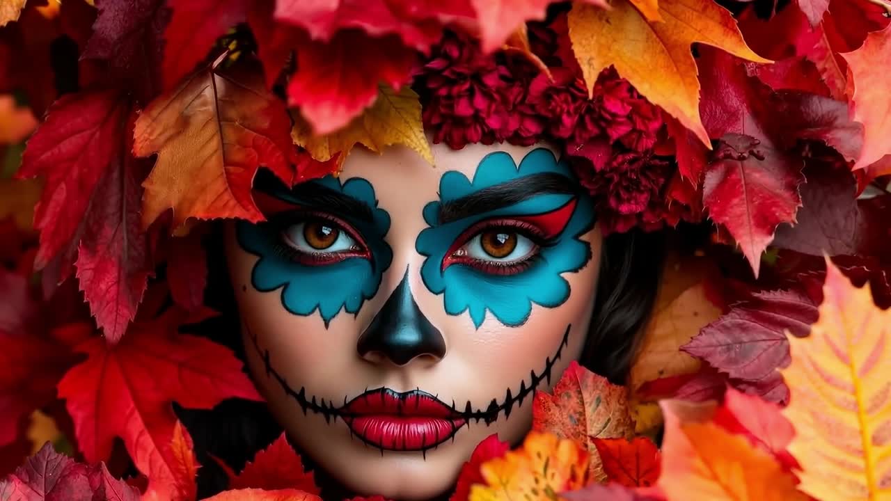 Una donna con il viso dipinto come uno scheletro, circondata da foglie