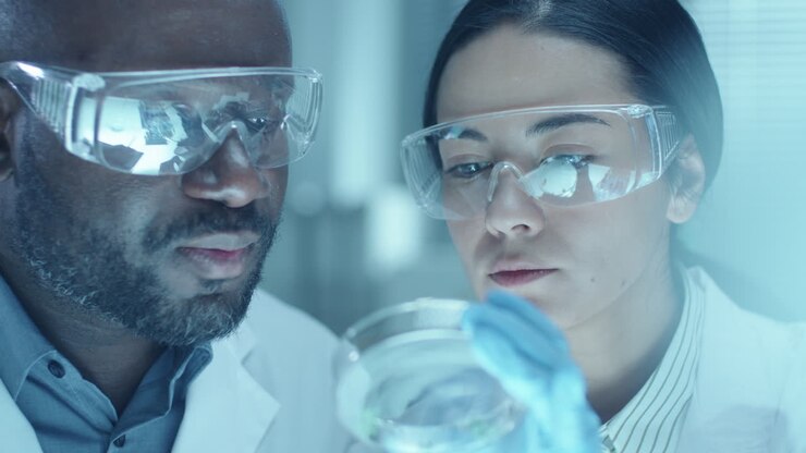 Dois químicos de laboratório com óculos de segurança discutindo amostra em placa de Petri.