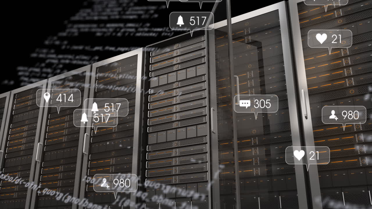 Animation of data processing and media icons over server room