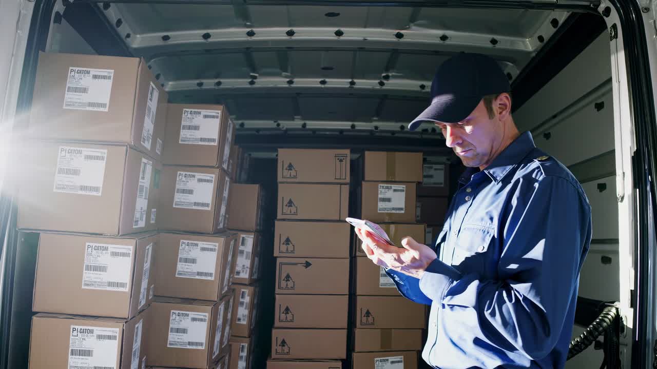 Side angle video of a delivery worker in a van, checking a smartphone