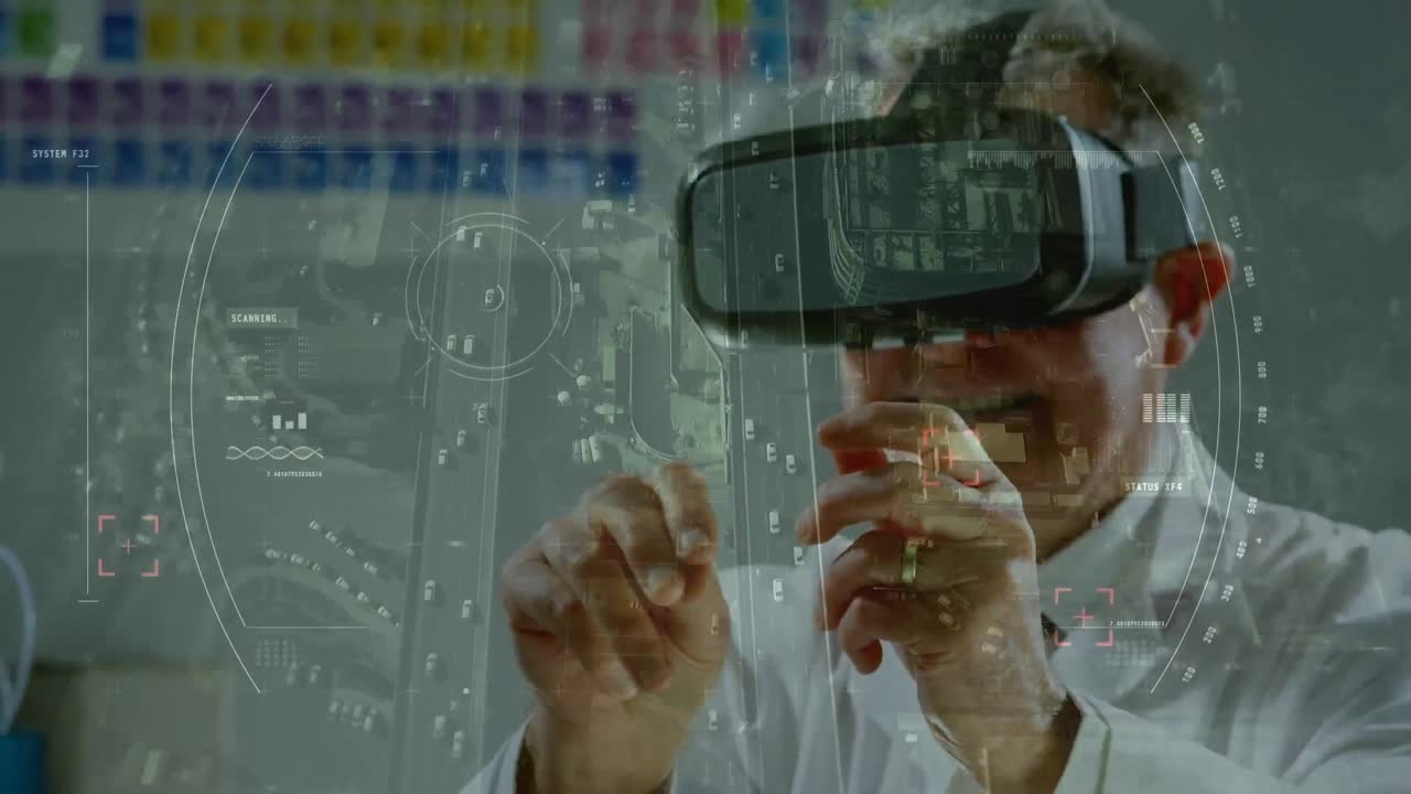 animación del procesamiento de datos sobre el hombre que usa auriculares vr