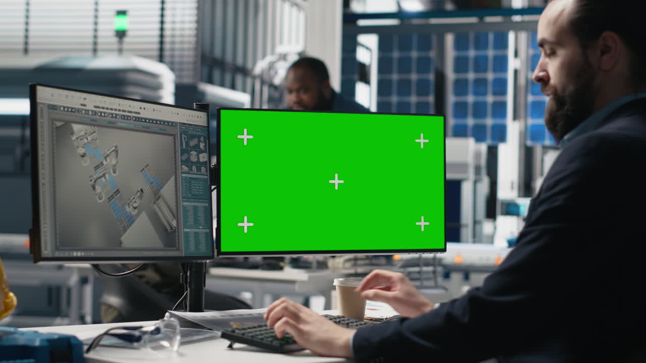 Man working at computer with green screen in office