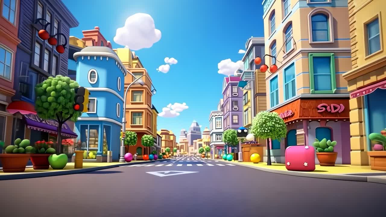 Vibrant, cartoon-style city street scene with a wide-angle view, capturing colorful buildings