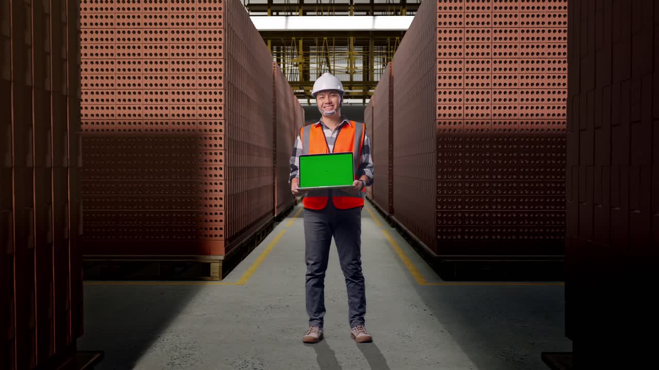 Full Body Of Asian Male Engineer With Safety Helmet Smiling And Showing Green Screen Laptop To The Camera While Standing With Red Brick Packed in Stacks Are Stored