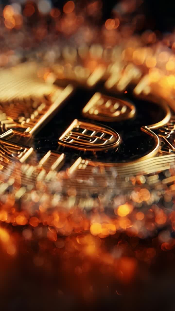 A Stunning Macro Shot of a Bitcoin Coin Illuminated by Glowing Amber Lights, Showcasing the Intricate Design and Texture of this Digital Currency Symbol